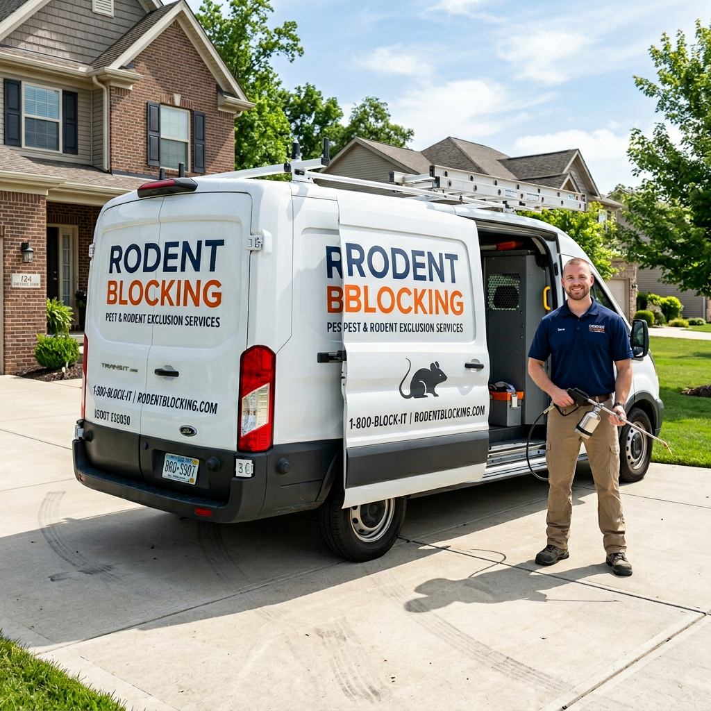 Rodent Blocking branded truck with technician