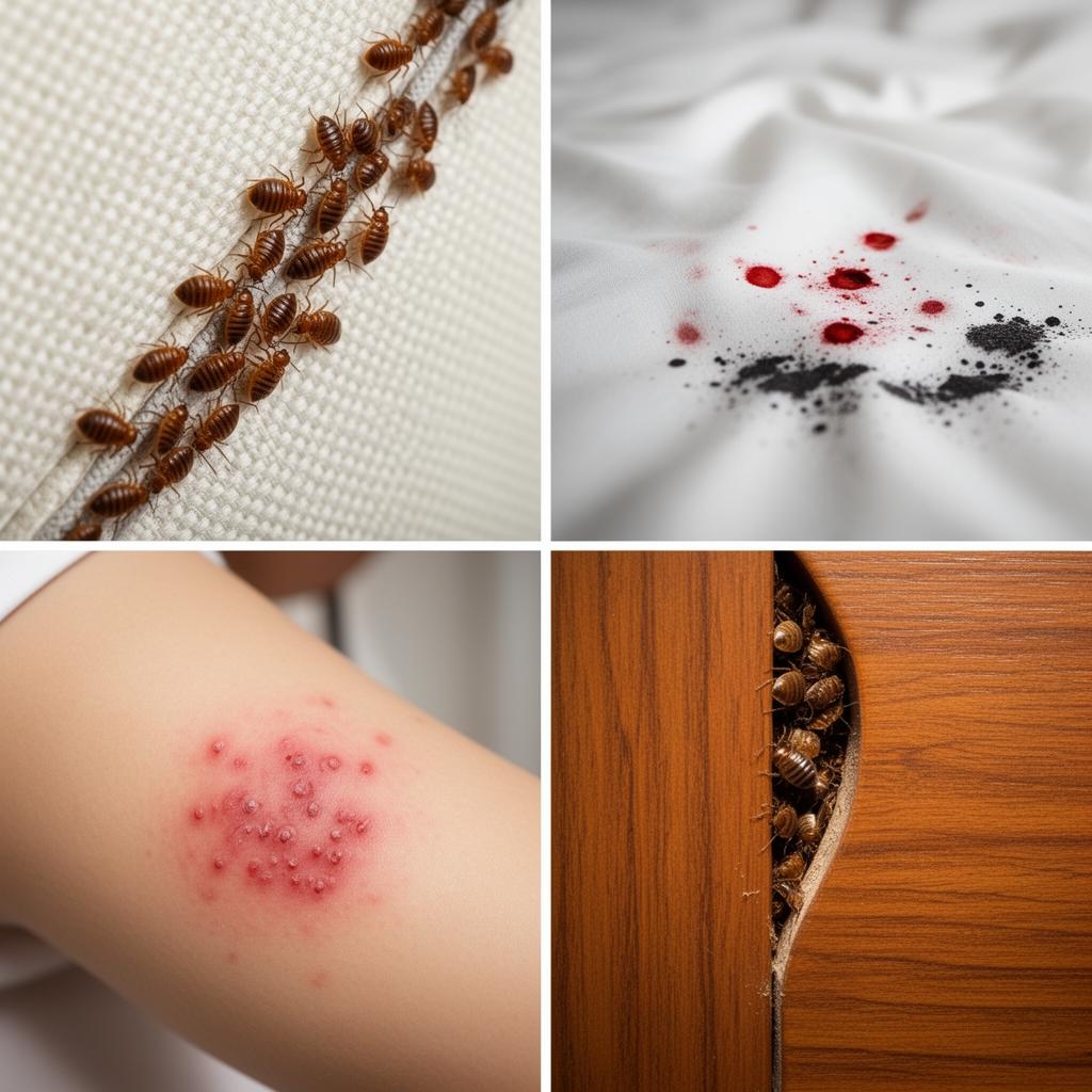 Bed bug infestation on mattress seam with visible blood spots