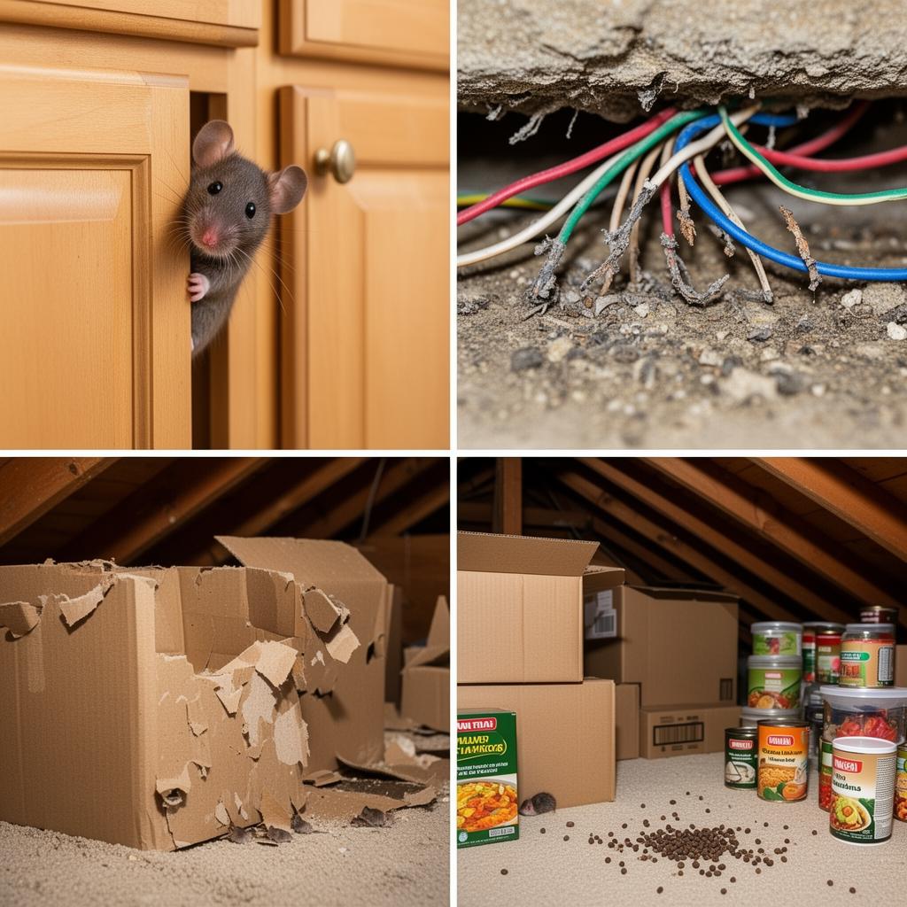 Rodent infestation showing mouse in kitchen and gnawed wires