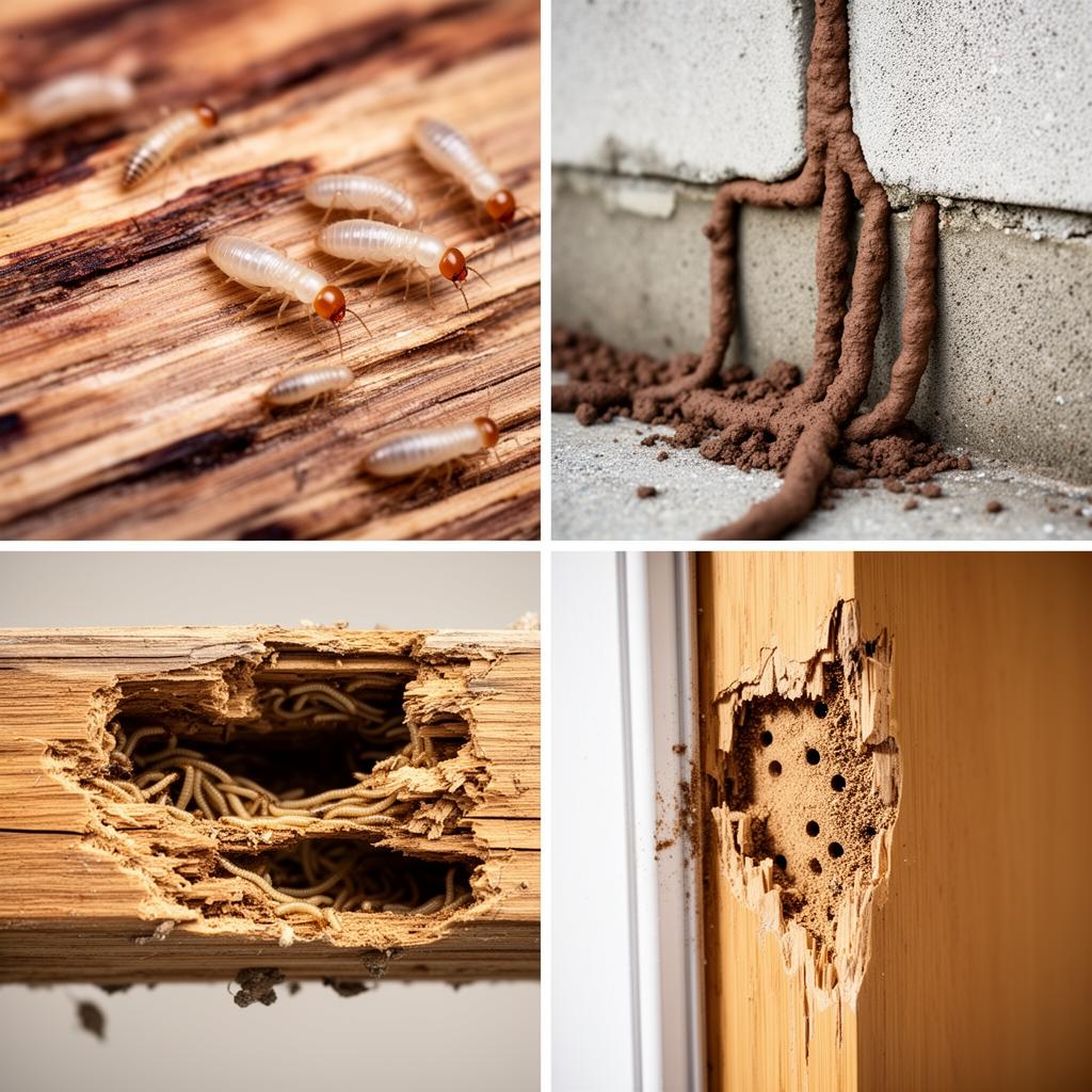 Termite damage showing mud tubes and damaged wood beams in a home